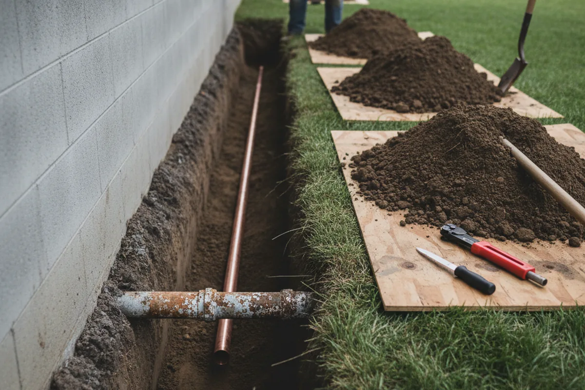 Excavated water line trench during Water Softener Installation in Perris